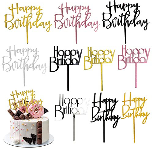 10 Stück Happy Birthday Tortendeko Set, Cake Topper Geburtstag, Acryl Tortendeko, Wiederverwendbarcake Cake Topper Geburtstag für Mädchen, Kinder, Mutter(6 Farben)