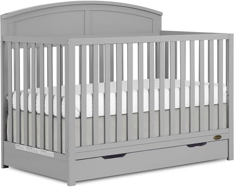 Dream On Me Storybrooke 5-in-1 Convertible Full-Size Crib with Under Drawer, Pebble Grey, GreenGuard Gold & BSA, Convert to Toddler, Day & Full-Size Bed, 3 Mattress Heights, Sustainable Pinewood