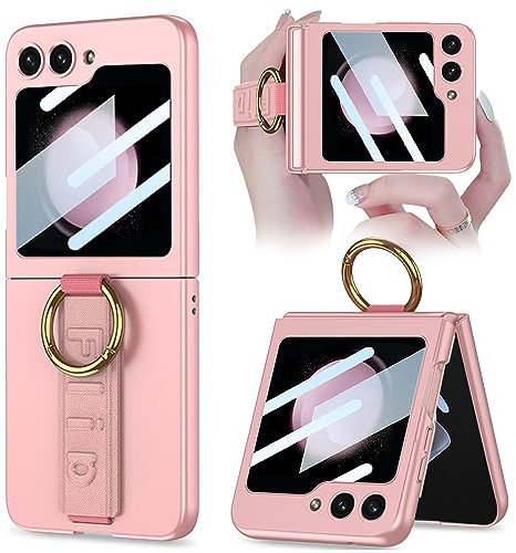 Coque Ninki pour Samsung Galaxy Z Flip 5 Protège écran & courroie, anti-choc Mince pour femmes et filles Rose