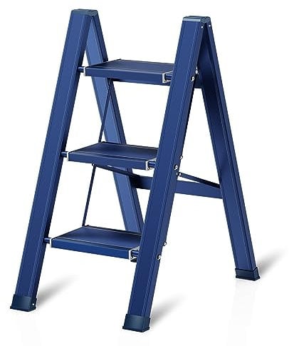 3 Step Ladder Aluminum Lightweight Folding Step Stool for Adults with Anti-Slip Sturdy and Wide Pedal, with 330 Lbs Capacity Multi-Use for Household and Kitchen Portable Stepladder, Blue