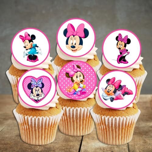 PRECUT Minnie Cupcake Toppers, Pink Theme Edible Cake Decorations, Girls Bow Birthday Party Premium Wafer Card (12 x 4cm/1.5 Inch Discs)