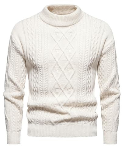 Cable Knit Roll Neck Turtleneck Polo Slim Fit Pullover Sweater - Men's High Neck Solid Color Tops