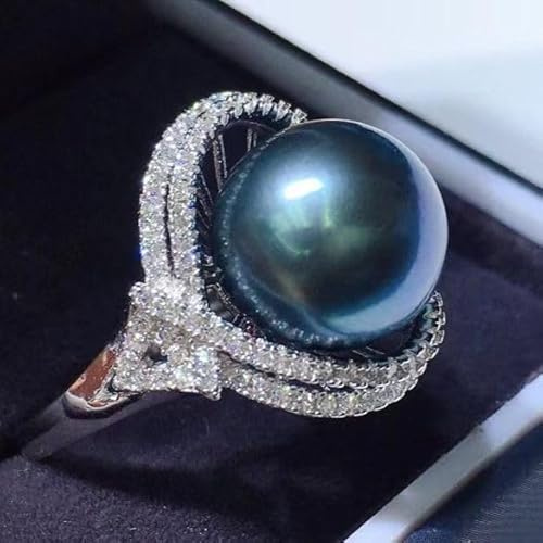 XRCXBLSC Black Pearl Ring, Natural Seawater Tahiti Black Pearl 18k Diamond Ring, Adjustable Open Ring, Solitaire Ring