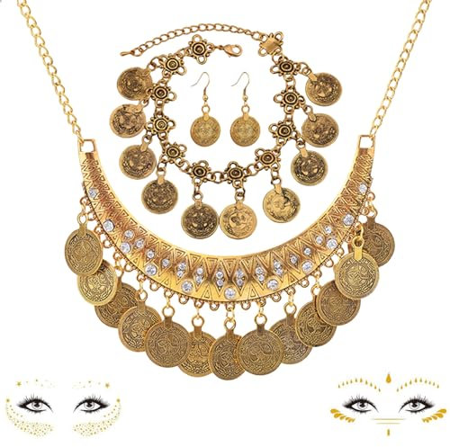 NATOSU 4 Stück Set Wahrsagerin Schmuck Set, Indisch, Zigeuner Kostüm Accessoires, Gold Vintage Münze Schmuck für Piraten, Bauchtanz Dress Up, Boho-Stil für Frauen und Mädchen