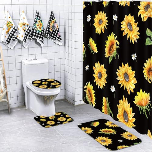 VitalCozy 8-teiliges Sonnenblumen-Duschvorhang-Set, gelbe Sonnenblume, Badezimmer-Dekor-Set, beinhaltet 1 wasserdichter Duschvorhang, 1 Teppich, 1 WC-Vorleger, 1 WC-Deckelbezug, 4 Handtücher für