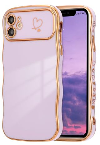 ZTOFERA Compatible with iPhone 11 Case for Girls Women, Cute Curly Wave Frame Shape Soft Silicone Case with Love Heart Pattern Camera Protection Golden Edging Shockproof Bumper Cover, Purple