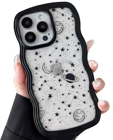 ZTOFERA Wavy Case for iPhone 14 Pro (6.1), Cute Clear Protective Case with Planet Star Moon Pattern, Hard PC Colored Wave Frame Soft Silicone Bumper Shockproof Cover for Girls Women, Black