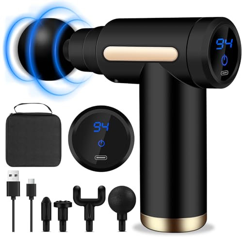 AQXONG Mini Pistolet de Massage Musculaire, Pistolet de Massage Ultra Silencieux, 6 Vitesses, 4 Têtes de Massage, l'Écran LCD, Masseurs Électriques Portables pour Soulager les Douleurs Musculaires