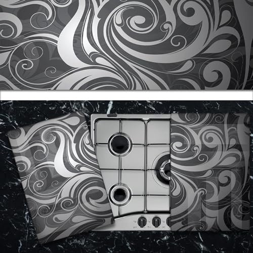 Pannello Copri Piano Cottura Induzione Fornelli Piastra Tagliere | Astrazione Nera | 52x60 cm | per 4 Fuochi | da Cucina | in Vetro Temprato | 2 Pezzi