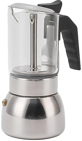 Haofy Stainless Steel Maker, Glass Top Stainless Steel Moka Pot Double Valve Induction Stovetop Italian Coffee Maker, Silver (200ML)