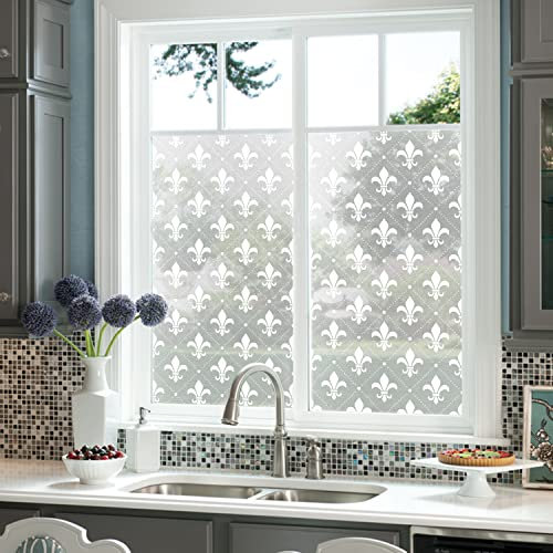 Funlife Blumen Fensterfolie Blickdicht 58x200 cm, Weiß Sichtschutzfolie Statische Fensterfolie，Statisch Haftend Milchglasfolie für Badezimmer Schlafzimmer Küche Wohnzimmer, Fleur De Lis