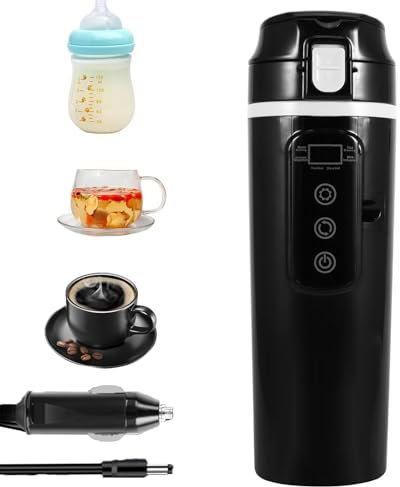 ONEVER 12V/24V Portable Water Boiler Heated Travel Mug, 380ML Portable Car Heating Cup with Temperature Adjustable LCD Display