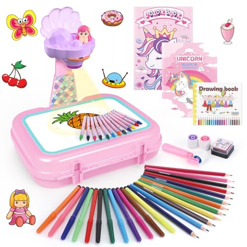 Projecteur de Dessin pour Enfants, Bricolage pour Enfants, avec Planche à Dessin, Crayons, Livre de Coloriage, Autocollants etc, Jouets pour Enfants de 3 à 5 Ans, Cadeaux d'Anniversaire pour Filles