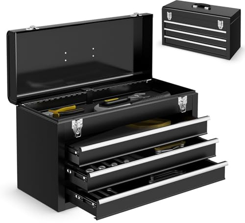 GYMAX Werkzeugkiste tragbar, Werkzeugkasten mit Ablagefläche & 3 Schubladen, Werkzeugkoffer mit Tragegriff, Werkzeugbox für Werkstatt & Zuhause, 52 x 21 x 30 cm (Schwarz)
