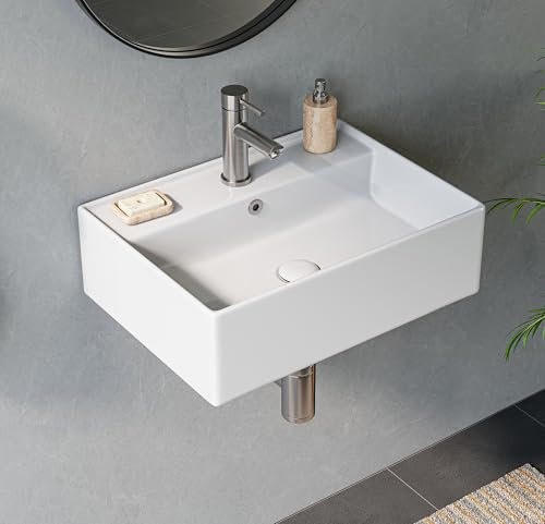 HOROW Lavabo en céramique, blanc, à mur carré, pour invités, lavabo suspendu ou à poser, avec trou de robinet, 45 x 31 cm