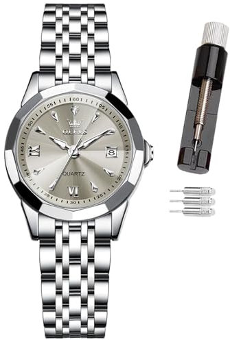 OLEVS Damen-Armbanduhr, Diamant-Zifferblatt, Quarzuhr, Edelstahl, modisch, nachtleuchtend, wasserdicht, analoge Uhr für Frauen, romantisches Geschenk für Freundin, 9998 - Graues Zifferblatt, Klassisch