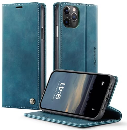 WenBaby CaseMe Handyhülle für iPhone 11 Pro Hülle Premium Nubukleder PU Lederhülle Klapphülle【RFID Schutz】 Kartenfach Standfunktion Schutzhülle Flip Case Wallet Tasche Cover,Blaugrün