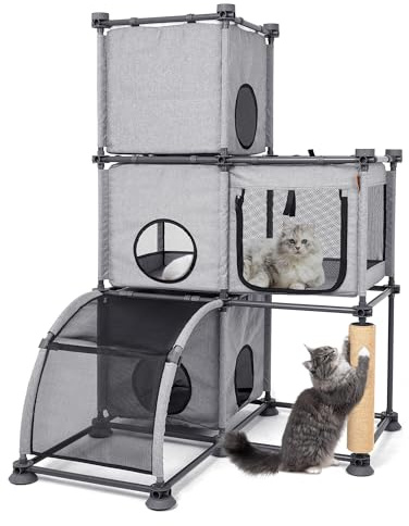 Multi-Feature Cat House,Large Space 3-Tier Cat Cage with Scratching Post,Cat Ladder,Indoor/Outdoor Cat Condo