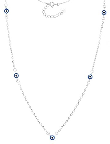 MYSTIC JEWELS Halskette aus 925er-Sterlingsilber mit 5 emaillierten türkischen Augen, marineblau, minimalistisches Design, 42 + 3 cm, mit Geschenkbeutel