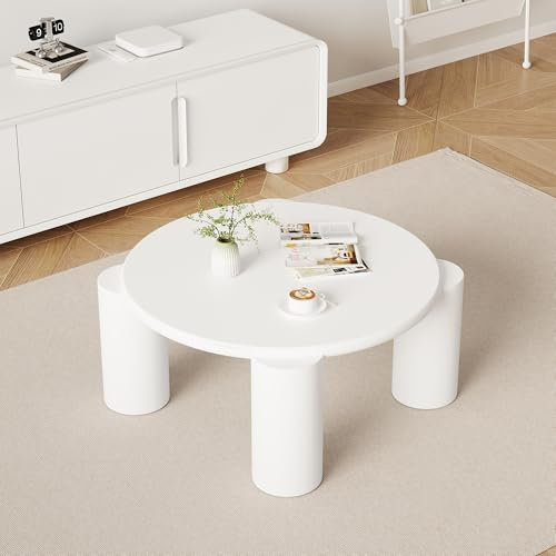 Merax Table basse ronde, moderne, en bois, élégante, avec 4 pieds de support stables, pour bureau, chambre à coucher, balcon, terrasse, montage facile, 70 x 70 x 41 cm, blanche