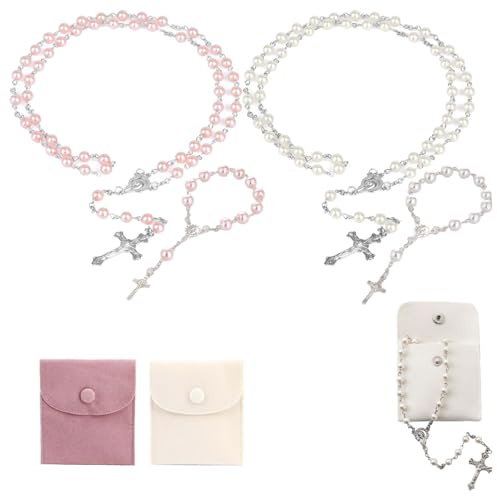 EULAPGOE Rosario cattolico Papa Francesco Set 2 collane 2 bracciali per Comunione Battesimo Matrimonio Regalo Donna Uomo Rosa Bianco 50cm