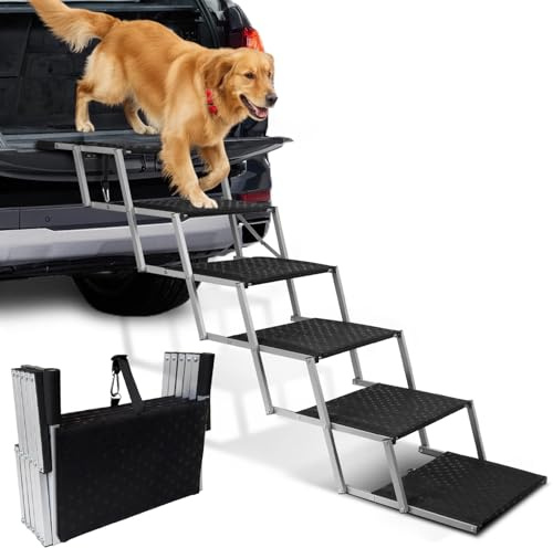 Niubya Extra Wide Foldable Dog Steps & Pet Stairs for Cars, SUVs, Trucks, Portable Lightweight Non-Slip Dog Ramp, Supports Up to 113kg - Aluminium Frame, 6 Steps