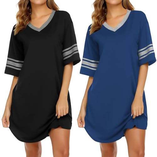 Ekouaer 2 Pack Womens Nighties Oversized Short Sleeve V Neck Nightdresses | soft lounge nightgown, knee-length nighshirt, plus size nighty, breathable fabric, contrast trim, curved hem