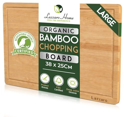 Lazzaro Bamboo Chopping Board Large (38 x 25 x 2cm) - Wooden Cutting Board, Double Sided Kitchen Chopping Board for Meat, Fish, Vegetables, Fruit, Bread & Cheese