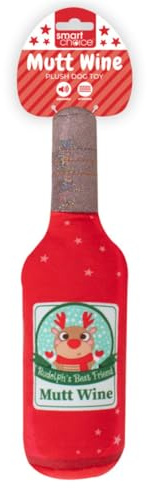YöL Red Mutt Wine Squeaky Plush Christmas Dog Toy – 28cm Festive Bottle Design – Soft Polyester with Internal Squeaker Crinkle Effect – Durable Chew, Tug Of War & Fetch
