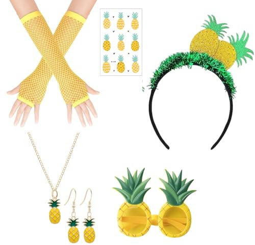ZYLOUY 6 Stück Ananas Kostüm Damen mit Haarreif, Sonnenbrille, Ohrringe, Halskette, Handschuhe und Tattoos, Hawaii Outfit mit Ananas Accessoires, Obst Kostüm Erwachsene für Karneval und Partys