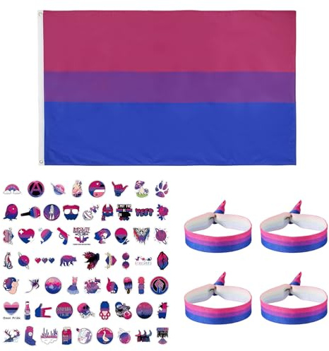 Bi Flagge Set, 90x150cm Bisexual Flag + 62 Pride Sticker + 4 Armband,Bisexuelle Pride Flag, Wetterschutz und UV-Schutz,LGBTQ Accessoires für LGBT Party Paraden und Dekoration
