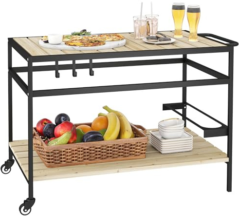 Outsunny Carrello Portavivande da Giardino con Ruote in Legno di Abete, Carrello di Servizio con Ripiano a Doghe, 2 Ripiani, 3 Ganci e Maniglia, per Giardino Terrazza Patio 107x65x80 cm, Color Legno