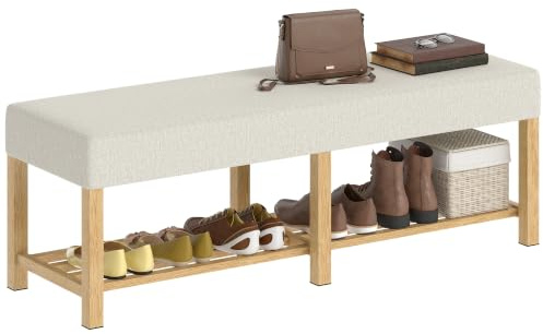 HOMCOM Schuhbank mit Sitzfläche mit Stauraum 140 x 44 x 48 cm Cremeweiß | Schuhregal mit Kautschukholzrahmen, Sitzbank, Garderobenbank für Wohnzimmer, Flur