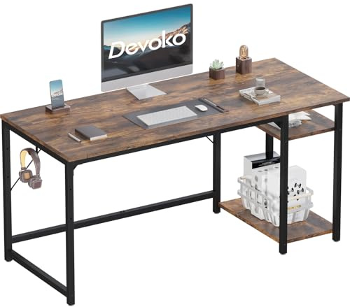 Devoko Scrivania Per Computer Industriale 140 x 50 cm Marrone | 2 Ripiani Regolabili Sinistra/Destra in Acciaio, Tavolo da Lavoro Mobile per Ufficio Casa Stile Vintage, Tavola in Legno
