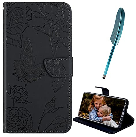 EasyShow Coque pour Oppo A6/A6X/A6S, Papillon gaufrage PU Cuir Housse TPU Flip Etui avec Carte Fente-Stand Fonction-avec Stylet Tactile, Étui pour Oppo A6/A6X/A6S (Noir)