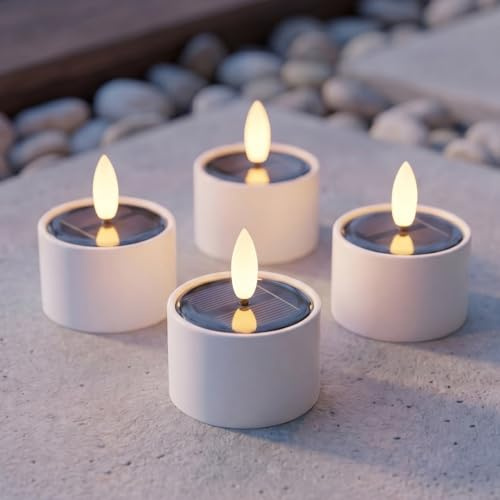 Nordic Flame Solar LED Teelichter Outdoor 4er Set | Realistische 3D Flamme, Wasserdicht IP44, Automatisches Ein/Aus, Wiederaufladbarer Akku, Flammenlos