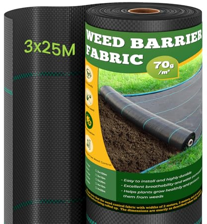 OUNUO 3 x 25 m Malla Antihierbas, Malla contra Malas Hierbas, 70 g/m² Geotextil, Protección césped Artificial, Lona antimalezas jardín, Anti-UV, Negro