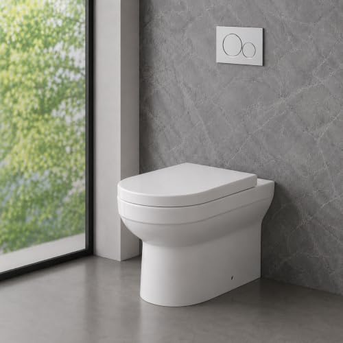 Modern Rimless Back to Wall Toilet, Comfort Height, White Ceramic, Soft Close Heavy Duty Seat, Water Saving WC Pan