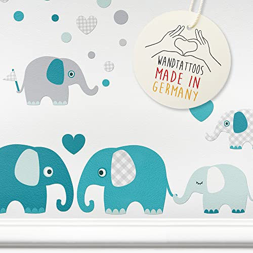 LOVELY LABEL Wandtattoo Kinderzimmer I Made in Germany I Babyzimmer Deko I Design Wandsticker Mädchen & Junge I Elefanten I Mint Petrol Grau