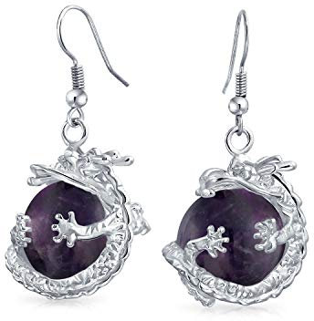 Boucles D'Oreilles Pendantes Tendance En Forme De Boule Ronde En Améthyste Violette Avec Dragon Asiatique Chinois Pour Femmes Et Adolescentes