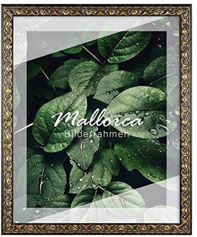 Holz Bilderrahmen Mallorca 42x59,4 cm DIN A2 in Schwarz Gold mit Antireflex-Kunstglasscheibe