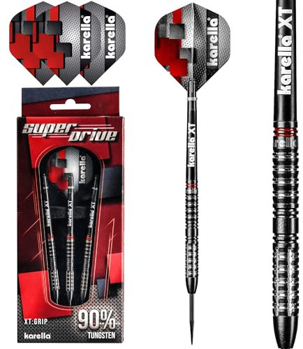 Karella SuperDrive 90% Tungsten Steeldart, 22g, für Klassische Dartscheibe, 3 Dartpfeile mit Metallspitze, Dartboard, Wolfram, Profidart mit Flight und Shaft