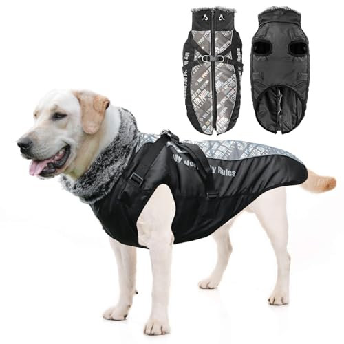 PETCUTE Hundemantel Wasserdichter,Reflektierend Hundejacke für Kleine Mittlere Große Hunde,Verstellbar Windabweisender Hundejacke,Warmer Hund Wintermantel mit Geschirr,Ideal für den Winter,XL