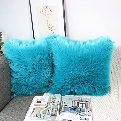 OYIMUA 2 Pcs Weicher Zierkissenbezüge Deko Kissen Schaffell Lammfell Kunstfell Langhaar Zierkissen Kissenbezug Fellimitat Sofakissen Cuddly Kissen (Petrol, 50 x 50 cm)