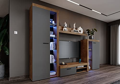 Furnix Wohnwand RIVAY Mediawand Modern Grau Wohnzimmer 4-TLG Komplett-Set - TV Lowboard, Highboard Vitrine, Wandregal - Modern Freistehend - B270 x H190 x T40,2 cm, Farbe Lefkas Eiche/Graphit