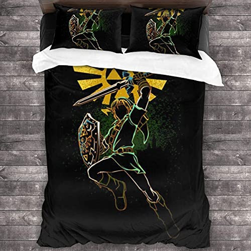 ANSSON The Legend of Zelda Bettwäsche + 2 Kissenbezug Kinder Bettbezug für Spielfans,Hyrule CRES Muster Teenager-Bettwäsche Set Mikrofaser (135x200cm+80x80cmx2, Zelda3)