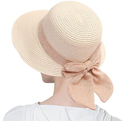 Generic Strohhut Damen Breite Krempe Mit Schleife Angelhut Sommerhut Stickerei Sommer Sonnenschutzhut Strandhut Für Schlapphut UPF 50 Sonnenhut Faltbar Uv-Schutz Party,Reisen, Rosa, Einheitsgröße