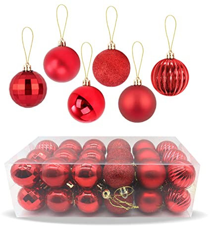 Zueyen 36-Pack Christmas Balls Decoration, Christmas Tree Baubles Hanging Shatterproof Ball, Shiny & Glitter with Hanging Loop for Xmas Tree, Wedding, Party, Holiday(Red)
