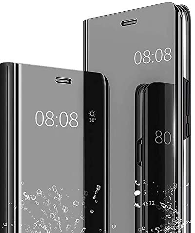 AMWEI Hülle für Xiaomi Mi 12T / 12T Pro 5G, Spiegel Clear View Flip Handyhülle, PU/PC Lederhülle Schutzhülle Mirror Make-Up Case Cover mit Flip Klappbarer Stände. Schwarz