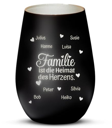 Love Faith personalisiertes Windlicht - Heimat des Herzens - Schwarz/Silber | Stimmungsvolles Teelichtglas - Graviere Namen - Schönes Geschenk für die Familie zu Geburtstag & Weihnachten
